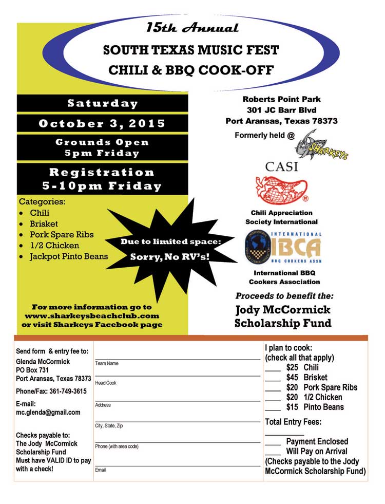 Chili & BBQ Cook Off Entry Form ~ South Texas Music Fest Oct 3, 2015